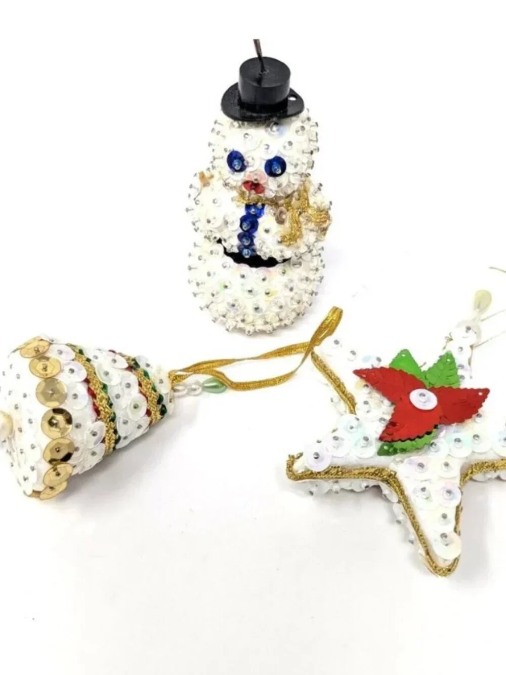 Vintage Handmade Push Pin Ornaments Bead Sequin White Set 3 Snowman Bell Star